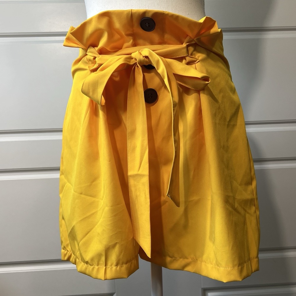 Paper Bag Waist Shorts‎ Yellow High Rise Tie Front Casual Cute Womens